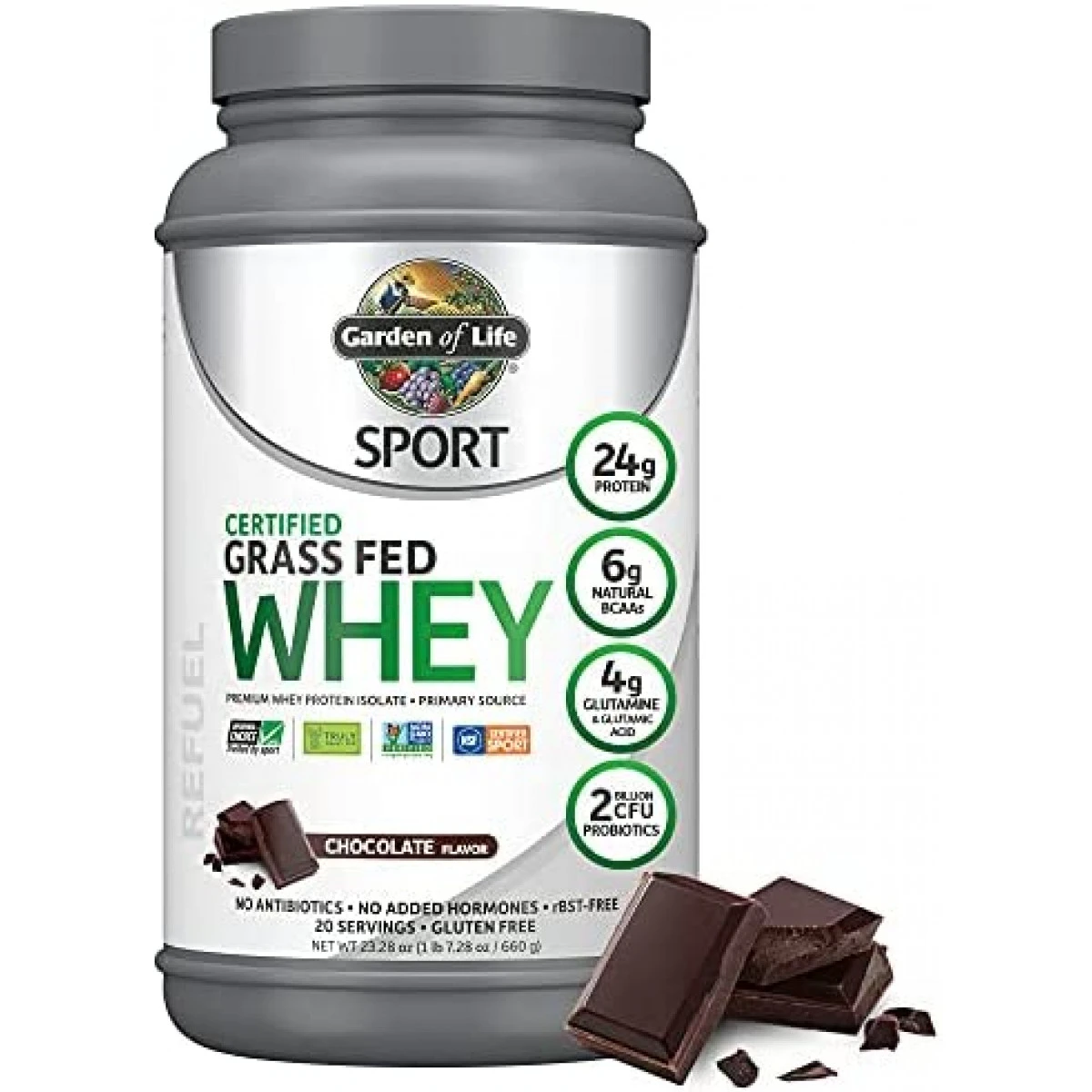 Garden Of Life Sport Whey Protein Powder Chocolate, Premium Grass Fed Whey Protein Isolate Plus Probiotics For Immune System Health, 24g Protein, Non GMO, Gluten Free, Cold Processed - 20 Servings 1 Garden Of Life Sport Whey Protein Powder Chocolate, Premium Grass Fed Whey Protein Isolate Plus Probiotics For Immune System Health, 24g Protein, Non GMO, Gluten Free, Cold Processed - 20 Servings