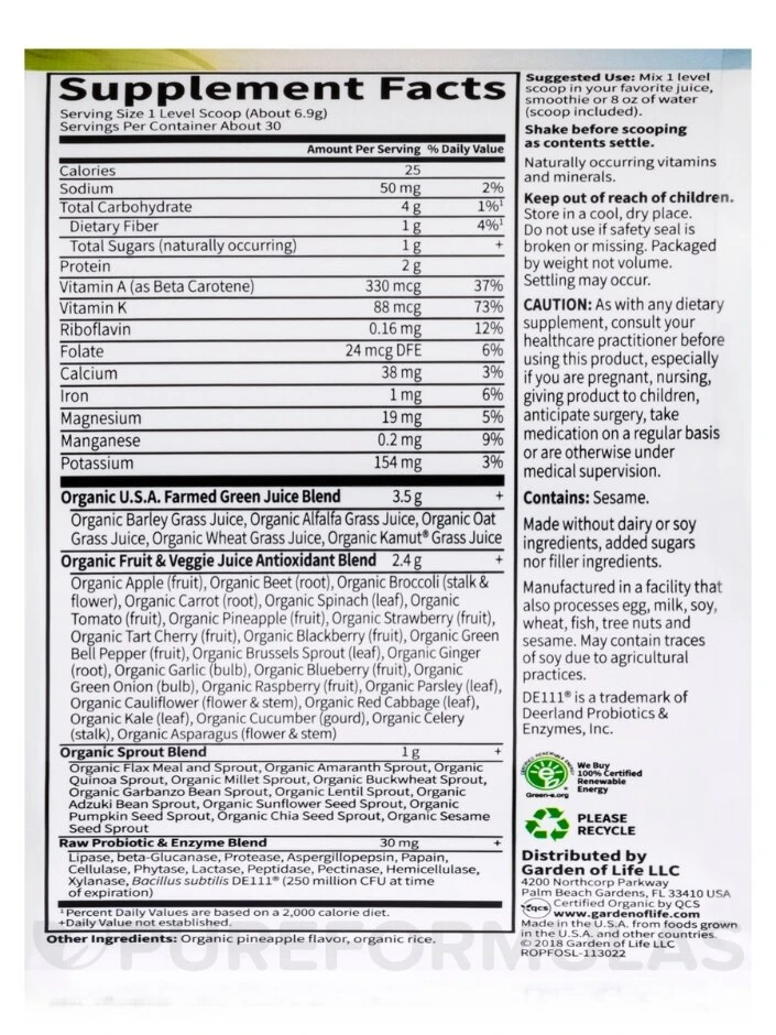 Raw Organic Perfect Food® Green Superfood Juiced Greens Powder, Original Flavor - 7.30 Oz (207 Grams) 5 Raw Organic Perfect Food® Green Superfood Juiced Greens Powder, Original Flavor - 7.30 Oz (207 Grams) - Image 5
