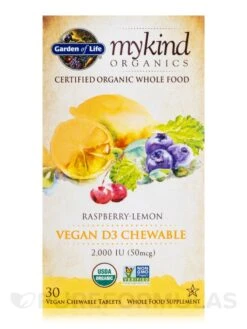 Mykind Organics Organic Chewable Vegan D3 2000 IU, Raspberry-Lemon - 30 Vegan Chewable Tablets -Garden Of Life Shop images 245