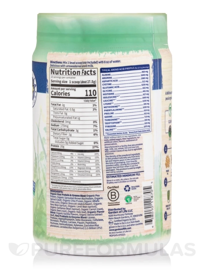 Raw Protein And Greens Vanilla - 19.40 Oz (550 Grams) 2 Raw Protein And Greens Vanilla - 19.40 Oz (550 Grams) - Image 2